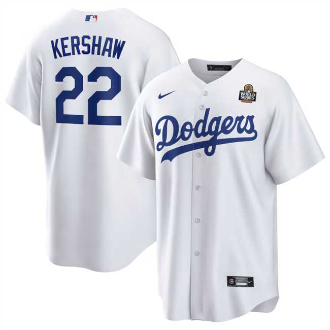 Mens Los Angeles Dodgers #22 Clayton Kershaw White 2024 World Series Cool Base Stitched Jersey Dzhi